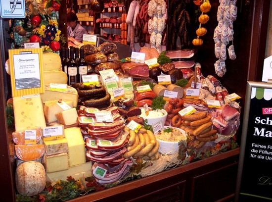 Meat and cheese in shop window