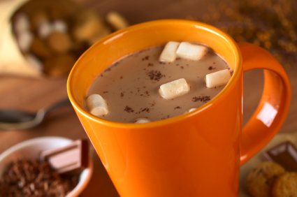 hot chocolate in an orange cup