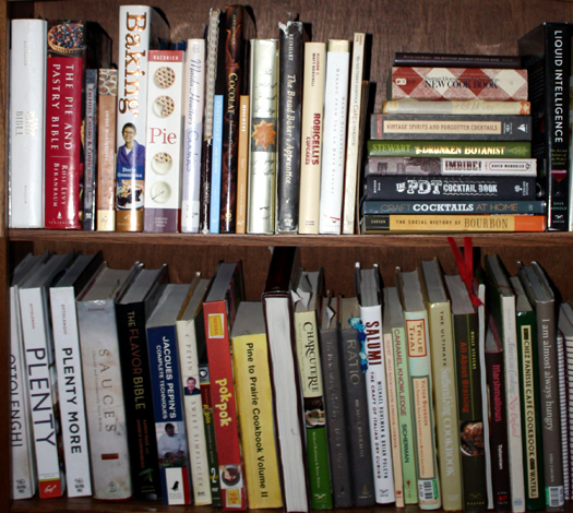 cookbooks on shelves