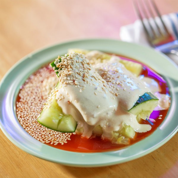 smashed cucumbers with tahini dressing